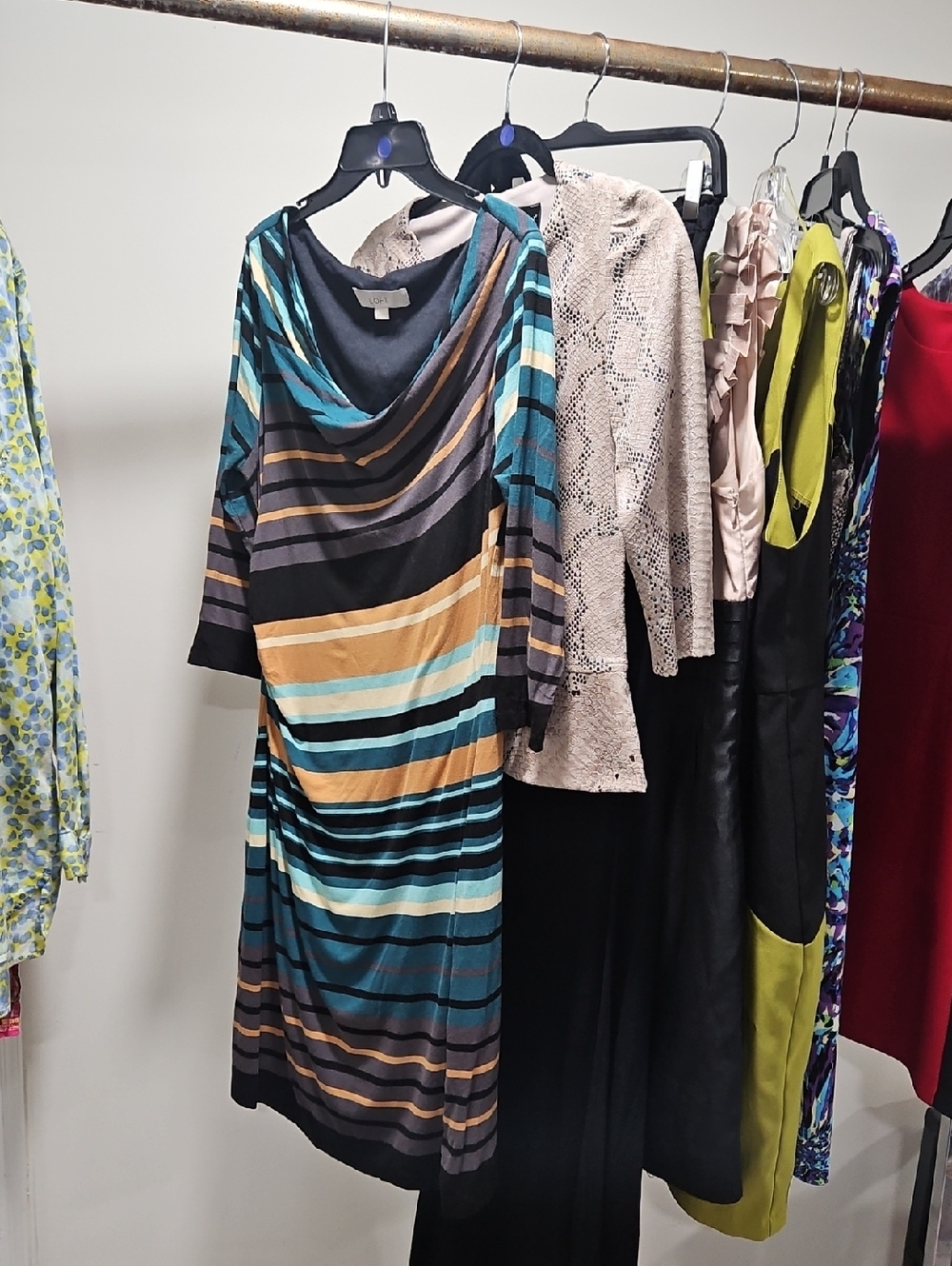 Frank Lyman Design Striped Teal, Black & Gold Knee-Length Dress